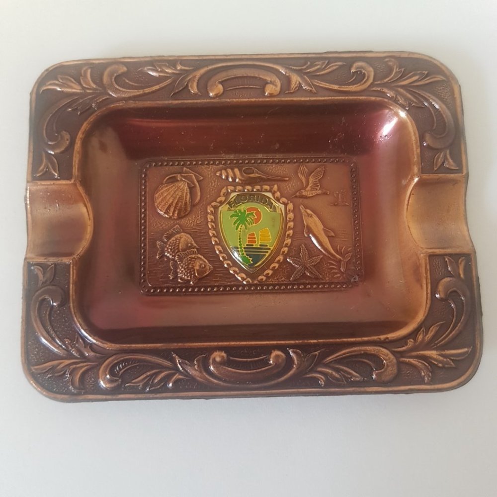 Vintage Copper Color FLORIDA Ashtray Lot of 2 Collector's 3" X 2.5" Set of 2 - Picture 3 of 8